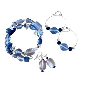Handmade Wrap Bracelet and Earrings Set Blue Acrylic and Glass Boho Casual Fun